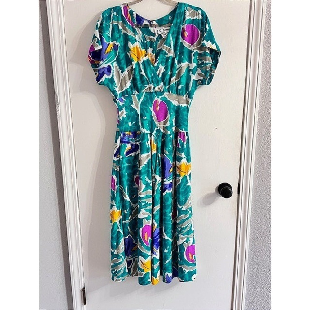 Vintage Dress Size 12 Teal Colorful Abstract Floral Midi Retro Art Dopamine 80s
